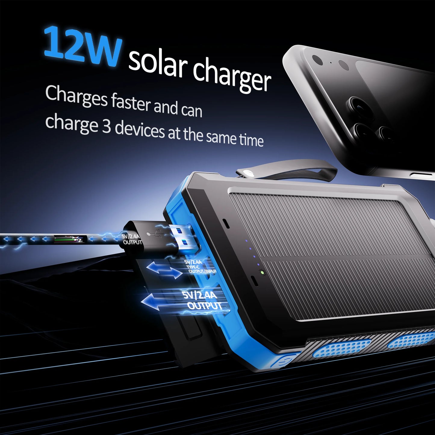 30000Mah Solar Power Bank Compatible for Iphone 17 Cell Phone 12W Portable Charger Power Bank for Outdoor Camping Hiking (Blue)