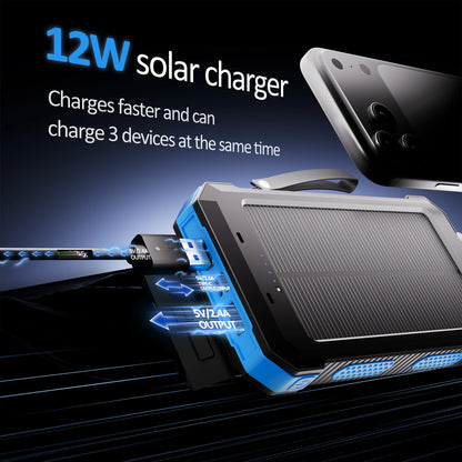 30000Mah Solar Power Bank Compatible for Iphone 17 Cell Phone 12W Portable Charger Power Bank for Outdoor Camping Hiking (Blue)