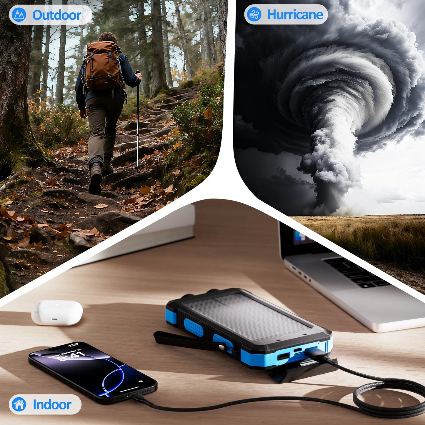 30000Mah Solar Power Bank Compatible for Iphone 17 Cell Phone 12W Portable Charger Power Bank for Outdoor Camping Hiking (Blue)